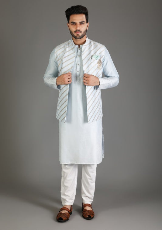 Sky Blue Satin Koti-Kurta Set